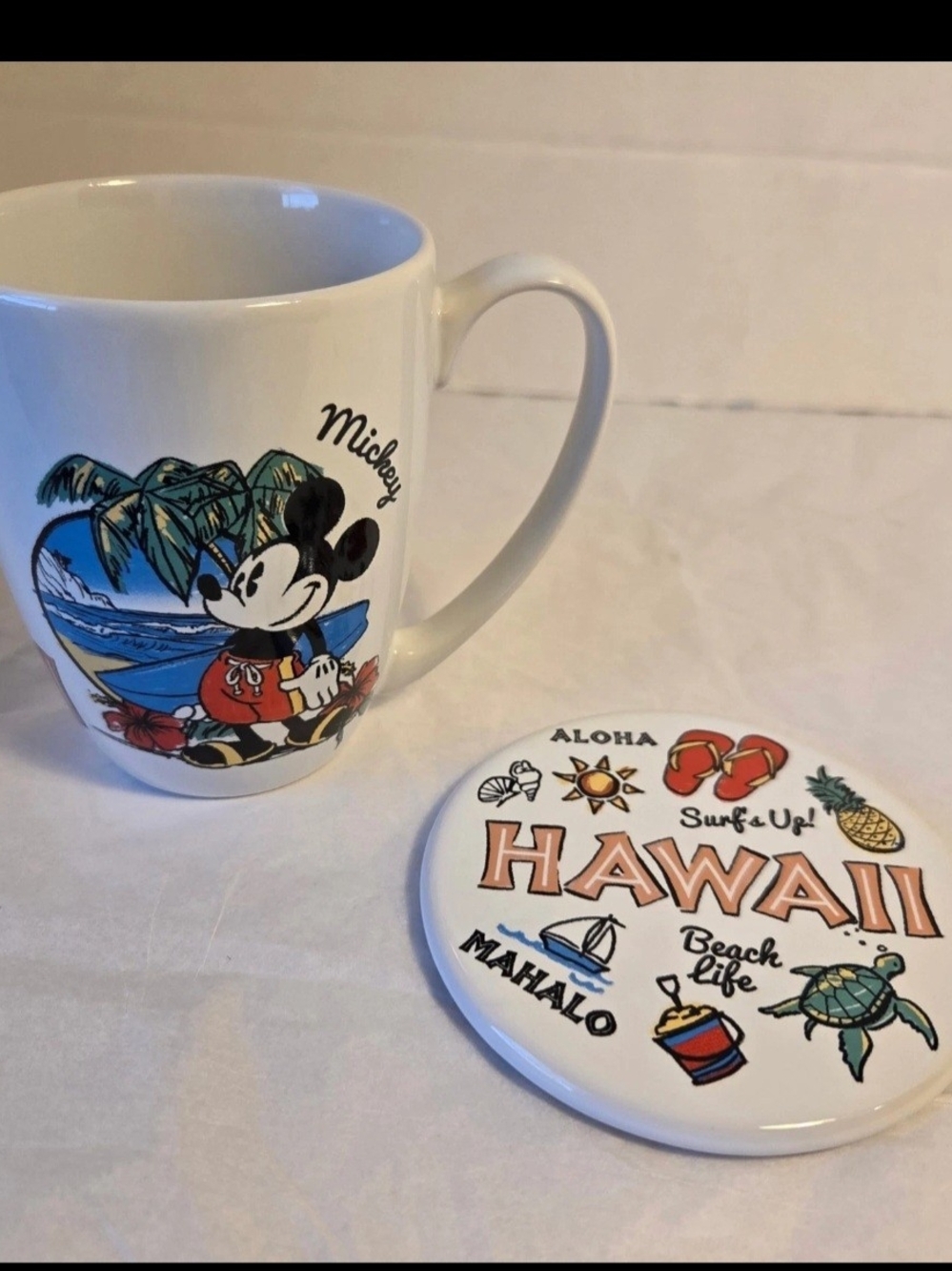 Mickey Mouse Hawaii Ceramic Mug with Coaster - White